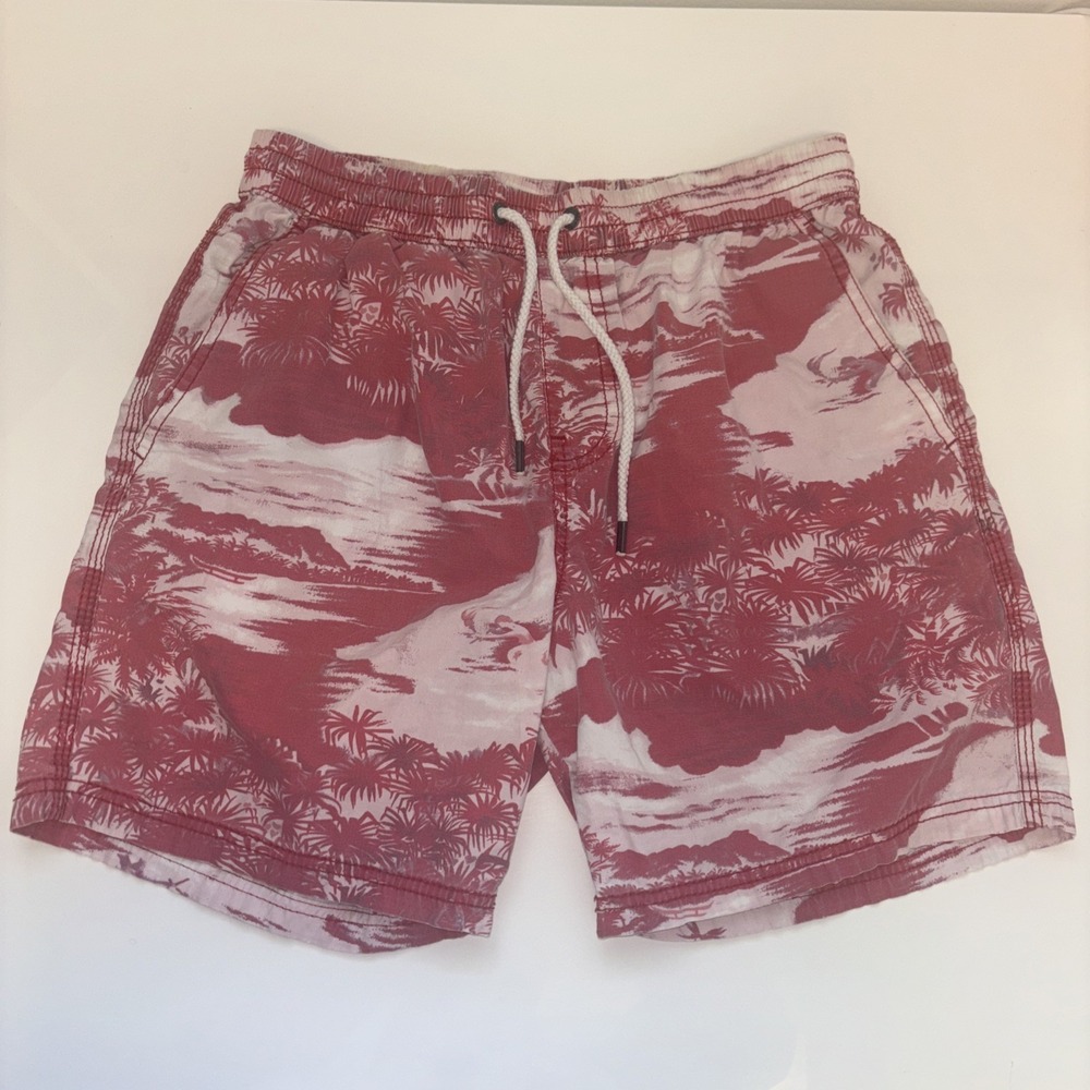 Cotton On Beach Short Mens XS Red White Tropical PalmTree Toile Print Drawstring